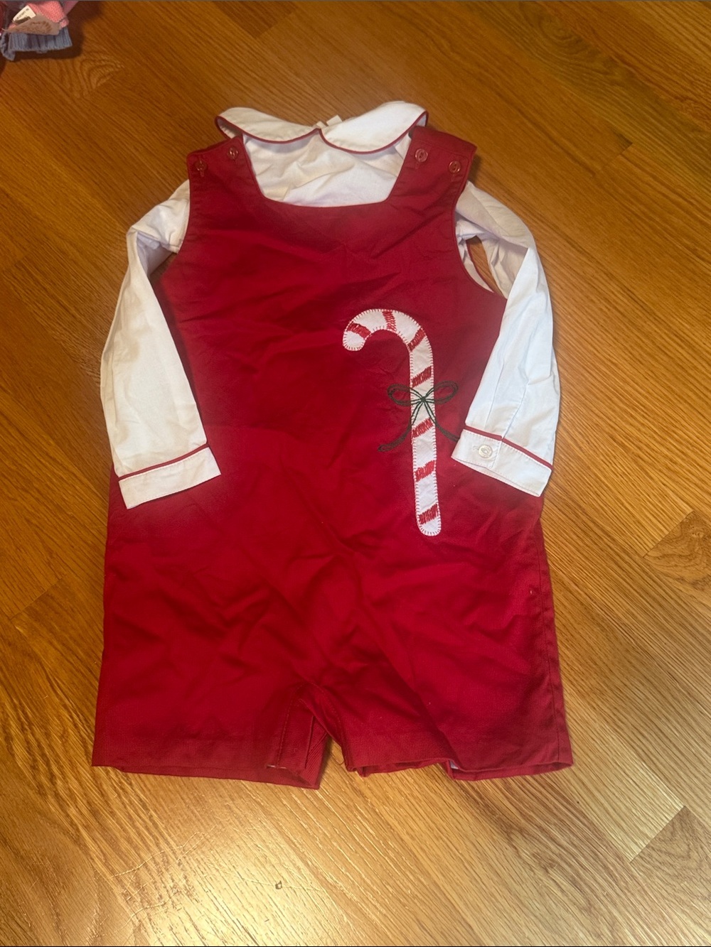 Little English Red Candy Cane Applique Romper with White Shirt